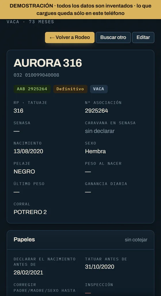 Ficha de un animal en la demostración de Manga: caravana, RP, número de asociación, nacimiento, sexo, pelaje y corral.