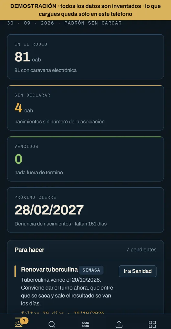 Pantalla de inicio de Manga en la demostración: cabezas en el rodeo, nacimientos sin declarar, vencidos, próximo cierre y la lista de pendientes.